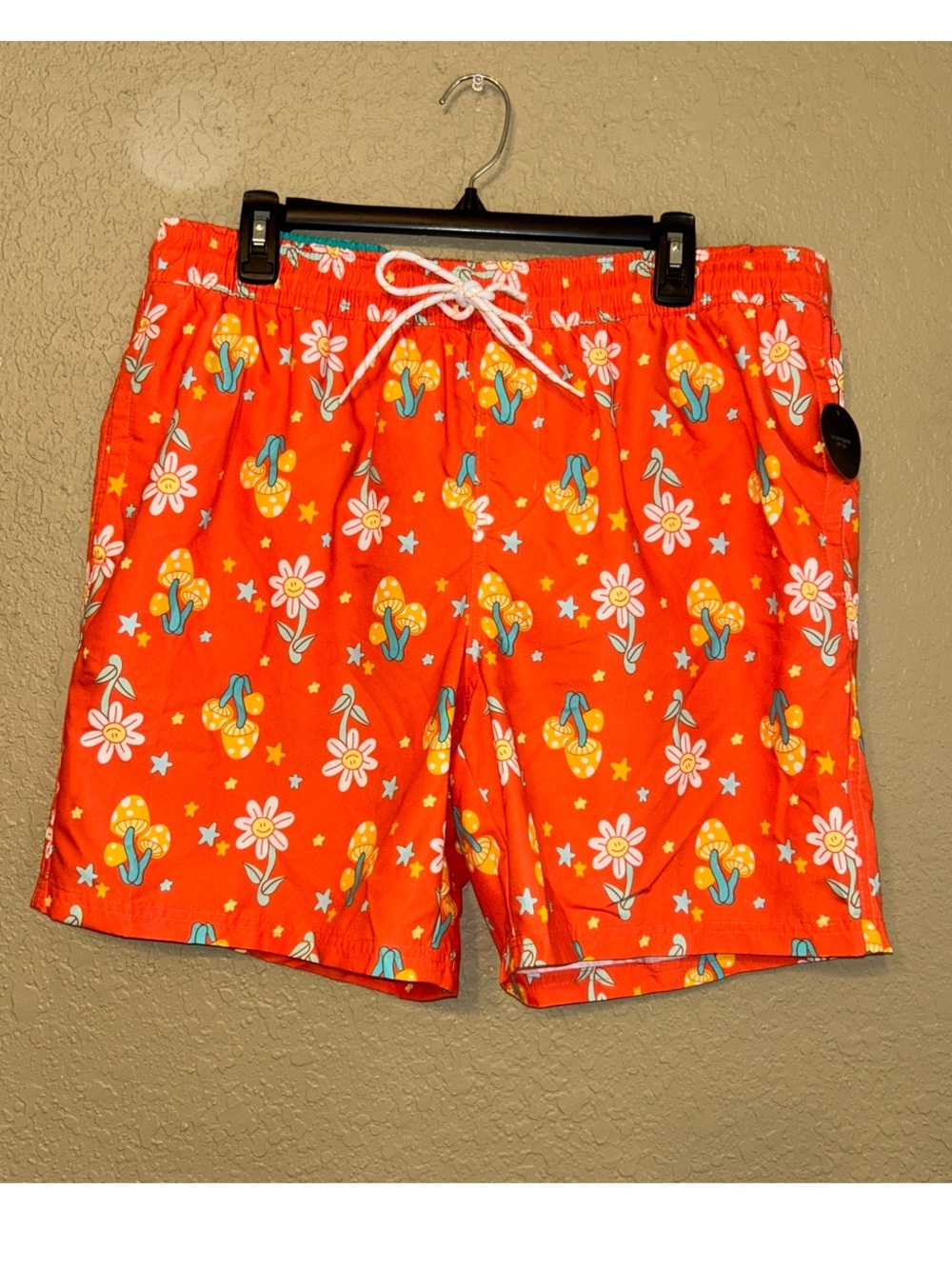 No Boundaries Swim Trunks Orange Flower Mushrooms Size Large 36-38